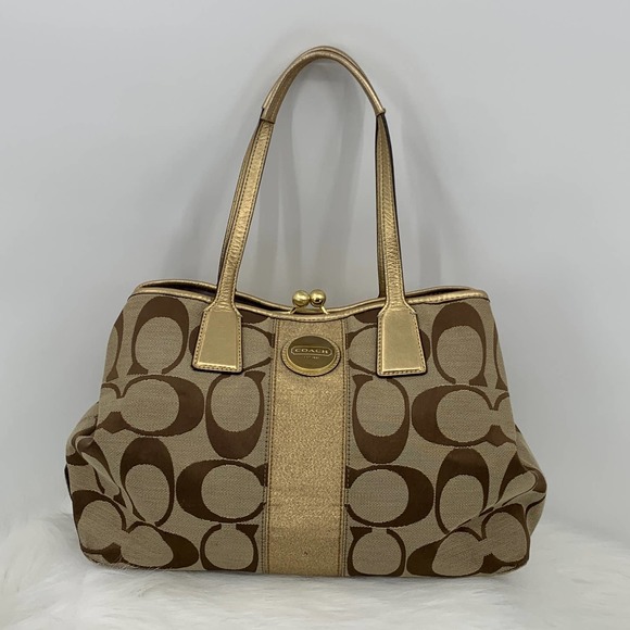 Coach Handbags - COACH F13533 Carryall Brown/Gold Signature C Canvas 3 Section Kisslock Bag
